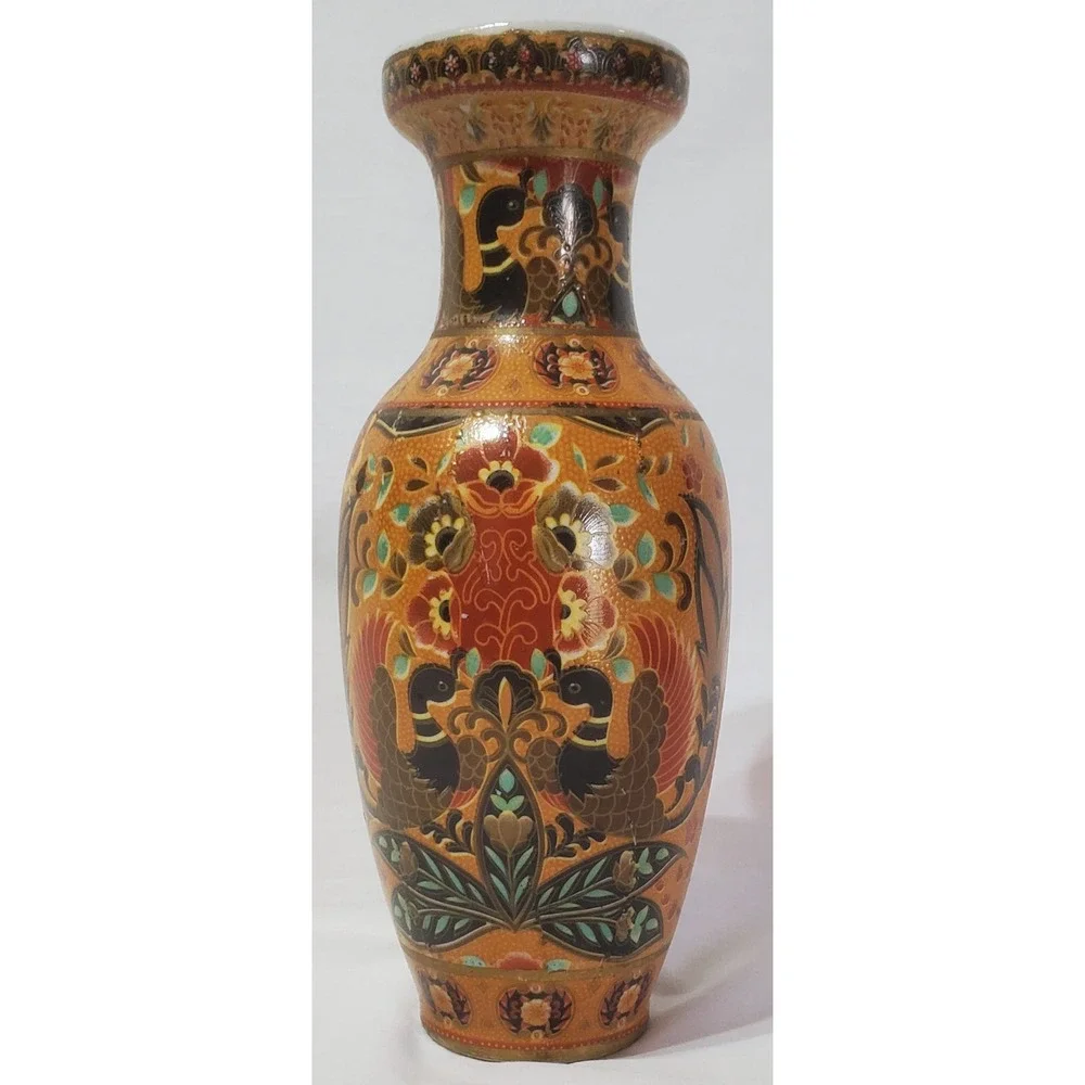 Vintage Chinese Asian Vase Bird Floral Motif 9-3/4
